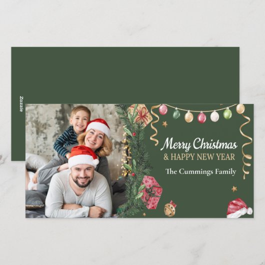 Moderne Groene Vrolijke Kerstmis Gelukkig Nieuwjaa Feestdagenkaart (Voorkant / Achterkant)