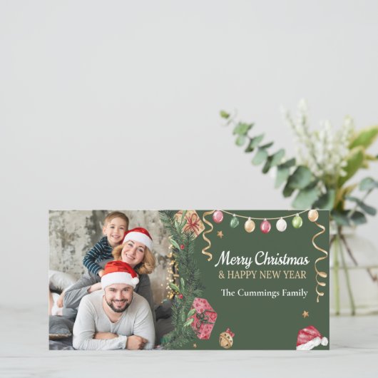 Moderne Groene Vrolijke Kerstmis Gelukkig Nieuwjaa Feestdagenkaart (Staand voorkant)