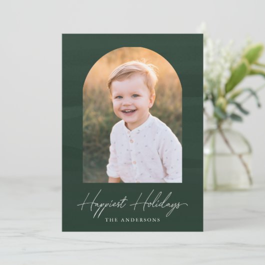 Moderne groene Waterverf boog foto Feestdagenkaart (Staand voorkant)