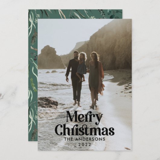 Moderne groene waterverf botanische typografie feestdagenkaart (Voorkant / Achterkant)