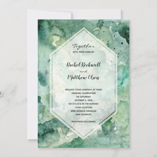 Moderne Groene Waterverf Bruiloft Kaart (Voorkant)