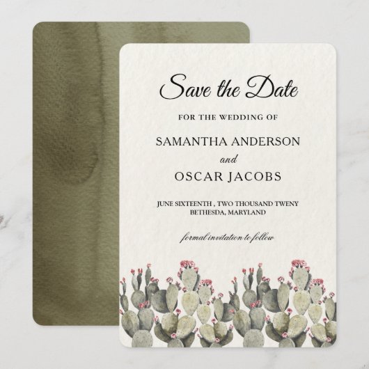 Moderne groene Waterverf Cactus Save The Date (Voorkant / Achterkant)