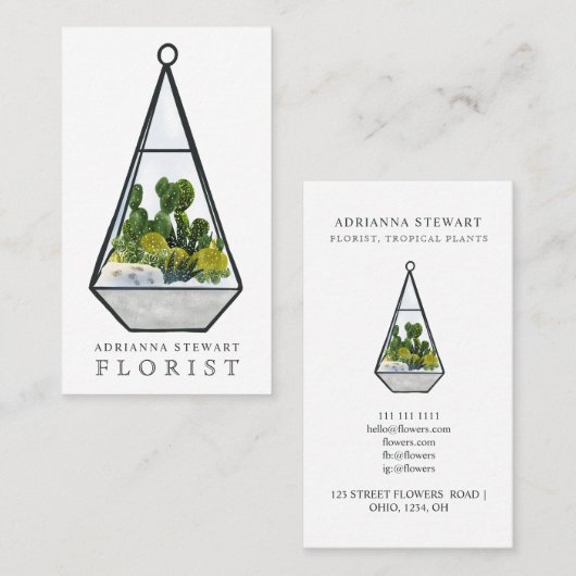 Moderne groene waterverf cactus terrarium florist visitekaartje (Voorkant / Achterkant)
