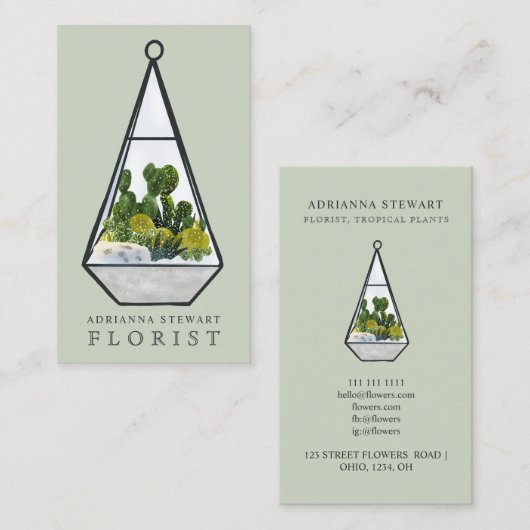 Moderne groene waterverf cactus terrarium florist visitekaartje (Voorkant / Achterkant)
