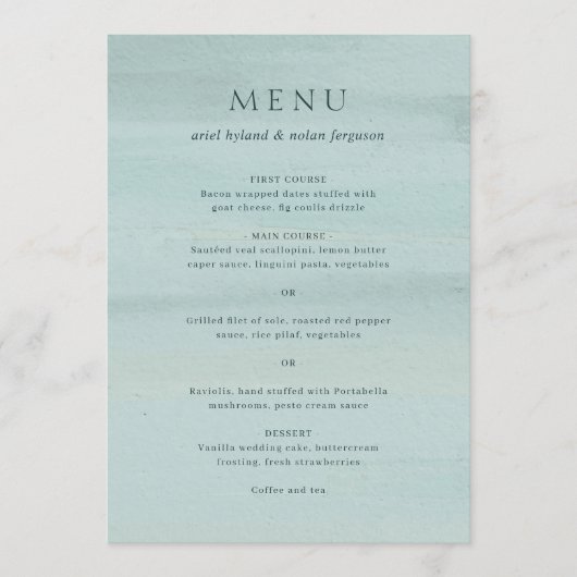 Moderne groene Waterverf Elegante bruiloft Menu (Voorkant)