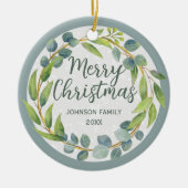 Moderne groene Waterverf laat feestdag foto Keramisch Ornament (Voorkant)