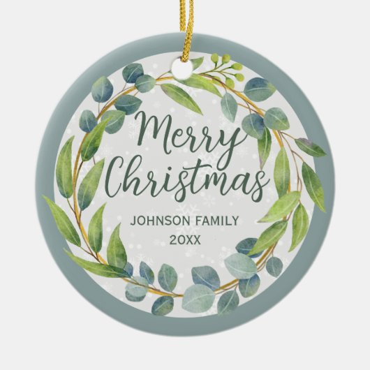 Moderne groene Waterverf laat feestdag foto Keramisch Ornament (Voorkant)