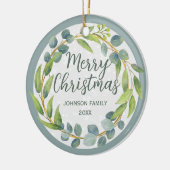 Moderne groene Waterverf laat feestdag foto Keramisch Ornament (Links)