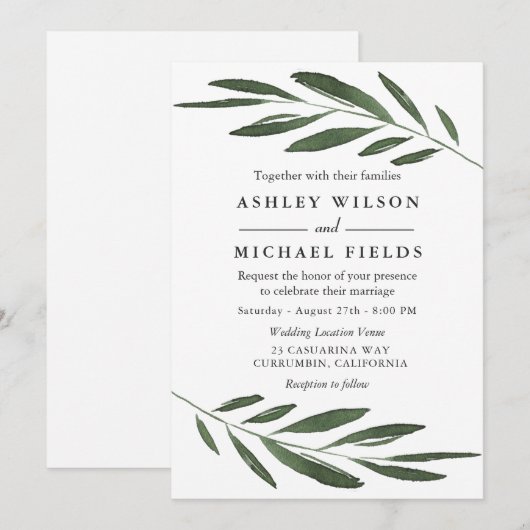 Moderne groene Waterverf lef Wedding Kaart (Voorkant / Achterkant)