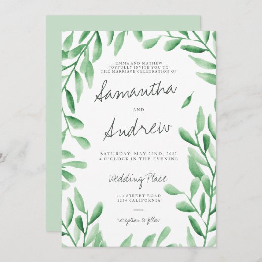 Moderne groene waterverf olijftakken bruiloft kaart (Voorkant / Achterkant)