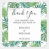 Moderne groene waterverf tropische bladeren bruilo vierkante sticker (Voorkant)