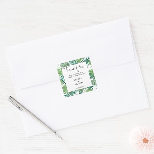 Moderne groene waterverf tropische bladeren bruilo vierkante sticker (Envelop)