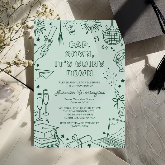 Moderne Groene Whimsicale Doodle Afstudeerfeest Kaart