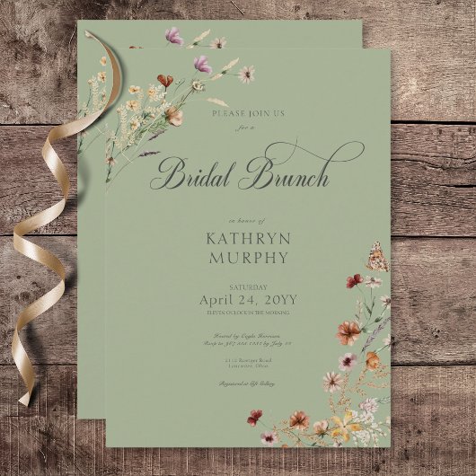 Moderne Groene Wildbloem Boeket Bruids Brunch Kaart
