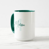 Moderne groene witte aangepaste naam cursieve mono mok (Voorkant links)