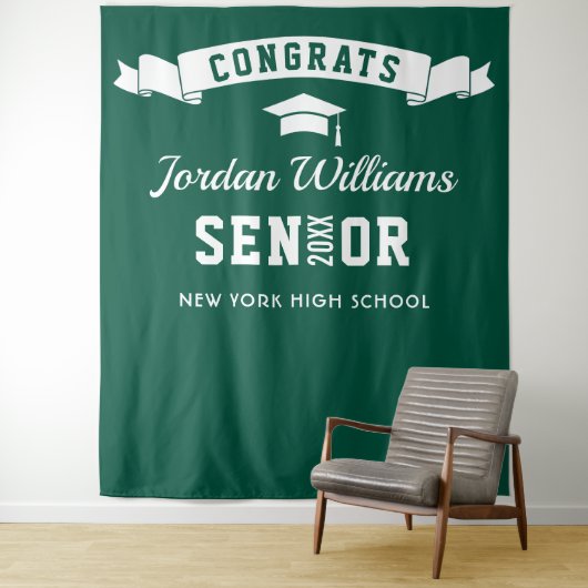 Moderne groene witte afstudeerfoto-achtergrond wandkleed (In situ)