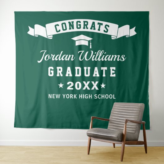 Moderne groene witte afstudeerfoto-achtergrond wandkleed (In Situ (horizontaal))