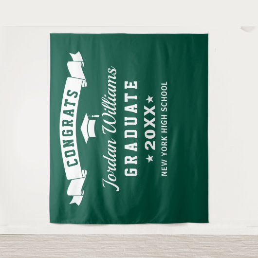 Moderne groene witte afstudeerfoto-achtergrond wandkleed (Voorkant)