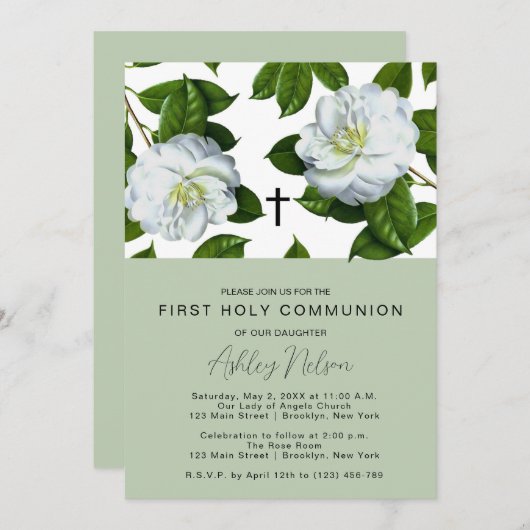 Moderne Groene Witte Bloemen Eerste Communie Kaart (Voorkant / Achterkant)