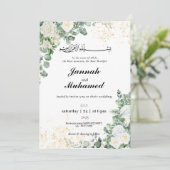 Moderne groene witte bloemenmoslim bruiloft kaart (Staand voorkant)
