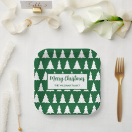Moderne Groene Witte Boom Patroon Kerstfeest Papieren Bordje