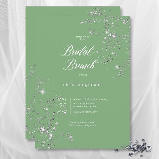 Moderne Groene & Witte Glam Diamanten Bruidsbrunch Kaart