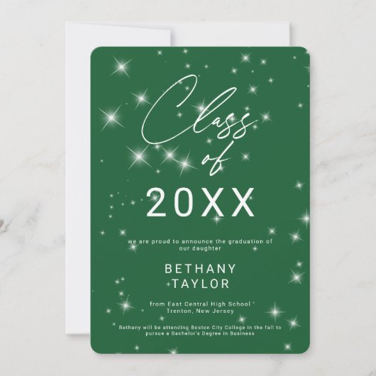 Moderne Groene & Witte Glitter Afstudeeruitnodigin Aankondiging (Voorkant)
