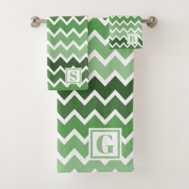 Moderne Groene Witte Zigzag Lijnen Monogram Bad Handdoek