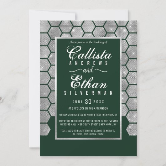Moderne Groene Zilveren Glitter Hexagon Geo Weddin Kaart (Voorkant)