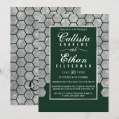 Moderne Groene Zilveren Glitter Hexagon Geo Weddin Kaart (Voorkant / Achterkant)