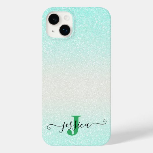 Moderne Groene Zilveren Ombre Glitter Monogram Case-Mate iPhone Case (Achterkant)