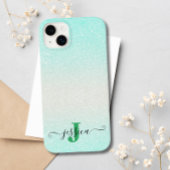 Moderne Groene Zilveren Ombre Glitter Monogram Case-Mate iPhone Case