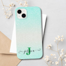 Moderne Groene Zilveren Ombre Glitter Monogram Case-Mate iPhone 14 Plus Hoesje