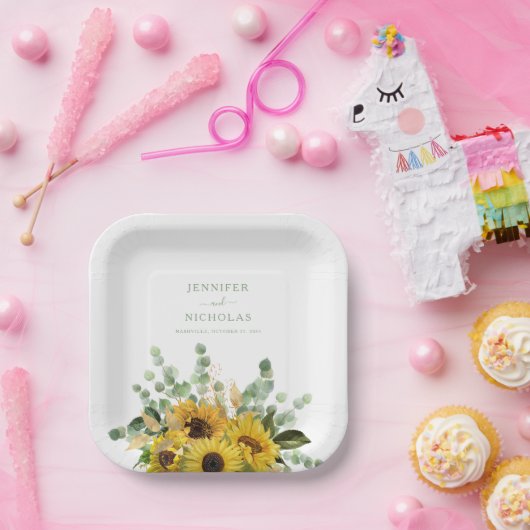 Moderne groene zonnebloem bruiloft papieren bordje (Feest)