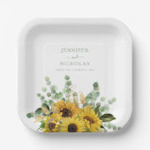 Moderne groene zonnebloem bruiloft papieren bordje (Voorkant)