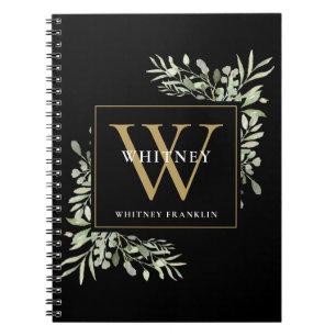 Moderne groene zwart gouden monogram naam notitieb notitieboek
