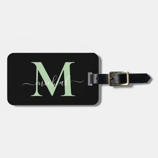 Moderne Groene & Zwarte Monogram Script Naam Bagagelabel (Voorkant horizontaal)