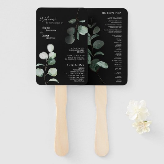 Moderne groene zwarte trouwprogramma-waaier handwaaier (Voorkant en achterkant)