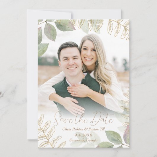 Moderne groenvoorziening met goud save the date (Voorkant)
