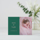 Moderne groet en heldere kerstgroen & roze foto feestdagenkaart (Staand voorkant)