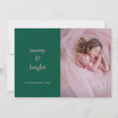 Moderne groet en heldere kerstgroen & roze foto feestdagenkaart (Voorkant)