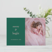 Moderne groet en heldere kerstgroen & roze foto feestdagenkaart (Staand voorkant)