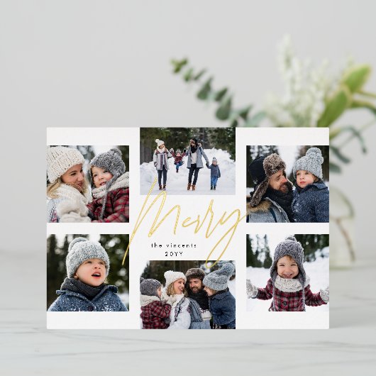 Moderne grof goud 6 foto kerstcollage folie feestdagenkaart (Staand Voorkant)