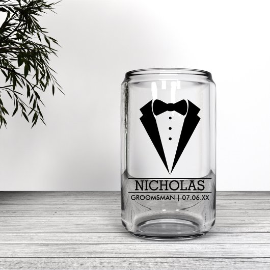 Moderne Groomsmen Custom Name Gift met Tuxedo Blikvorm Glas