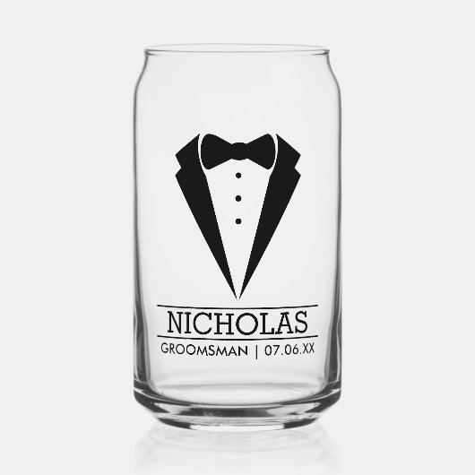 Moderne Groomsmen Custom Name Gift met Tuxedo Blikvorm Glas (Voorkant)