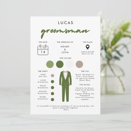 Moderne Groomsmen Info Kaart (Staand voorkant)