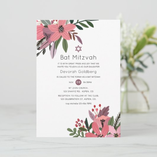 Moderne Grootheid Pruim en Roze Bloemige Bat Mitzv Kaart (Staand voorkant)