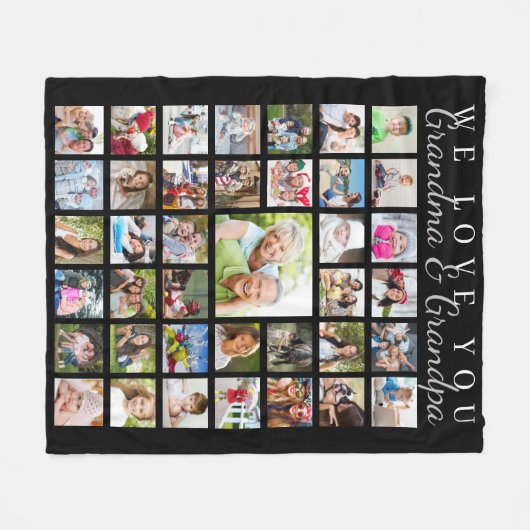 Moderne Grootouders Fotocollage Zwart Fleece Deken (Voorkant (Horizontaal))