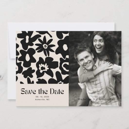 Moderne Groovy Bloemen Trouwfoto Bewaar de datum Save The Date (Voorkant)
