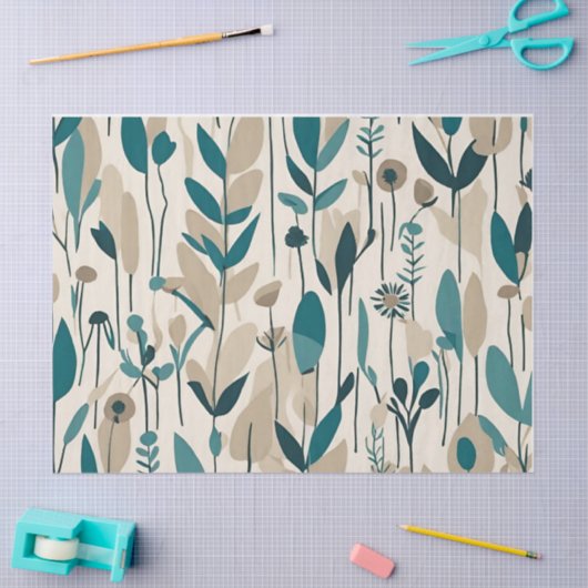 Moderne Groovy Retro Mod Blauwgroen Flowers Tissuepapier (Craft)